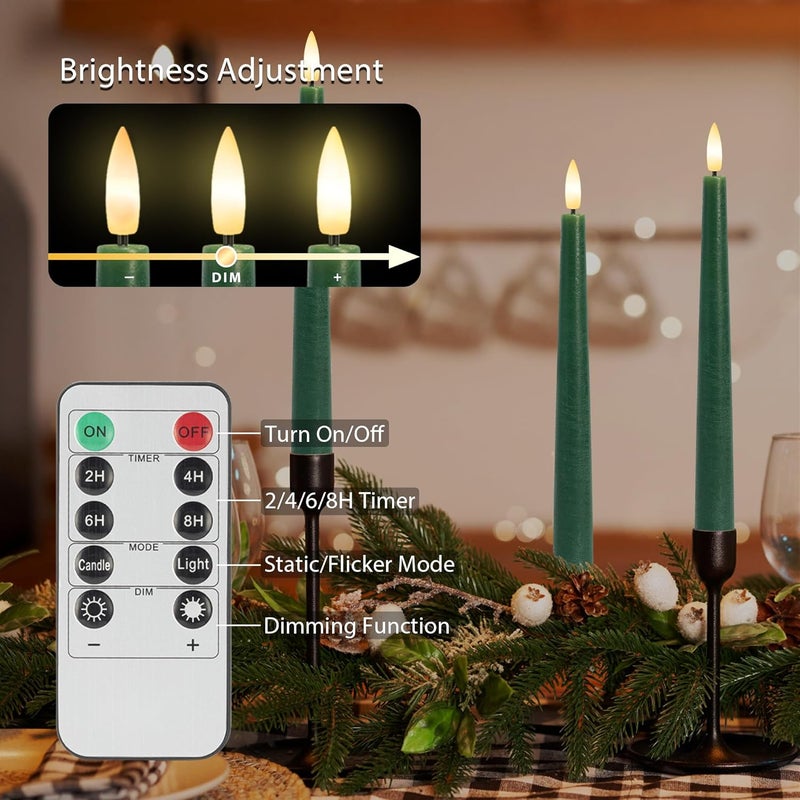 AFINETH Green Flameless Candles, 9.6" Real Wax Taper Battery Opearted Candles with Remote, 3 Pack Flickering LED Candlesticks with 3D Wick, Classic Tall Taper Candles for Home, Party, Christmas Decor - Image 3